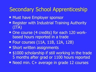 Secondary School Apprenticeship Must have Employer sponsor Register with Industrial Training Authority (ITA) One course (4 credits) for each 120 work-based hours reported in a trade Four courses (11A, 11B, 12A, 12B) Short written assignments $1000 scholarship if still working in the trade 5 months after grad or 1100 hours reported Need min. C+ average in grade 12 courses 