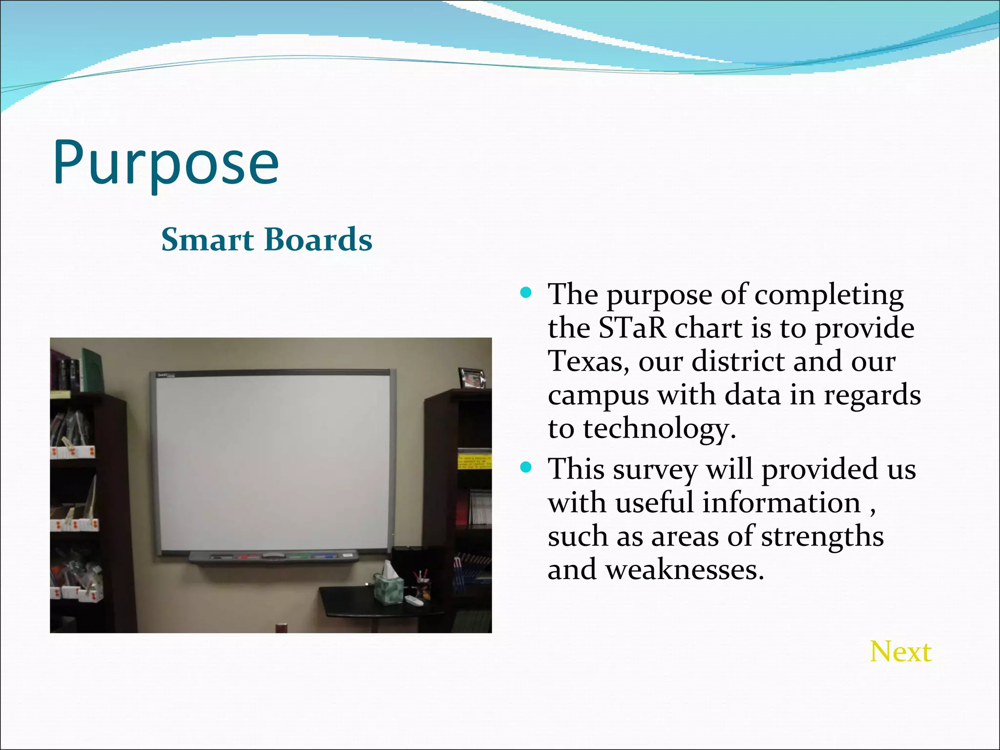 Purpose Smart Boards  The purpose of completing the STaR chart is to provide Texas, our district and our campus with data in regards to technology. This survey will provided us with useful information , such as areas of strengths and weaknesses.  Next  
