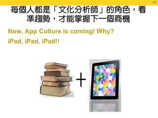 35
                                    35




Now, App Culture is coming! Why?
iPad, iPad, iPad!!
 
