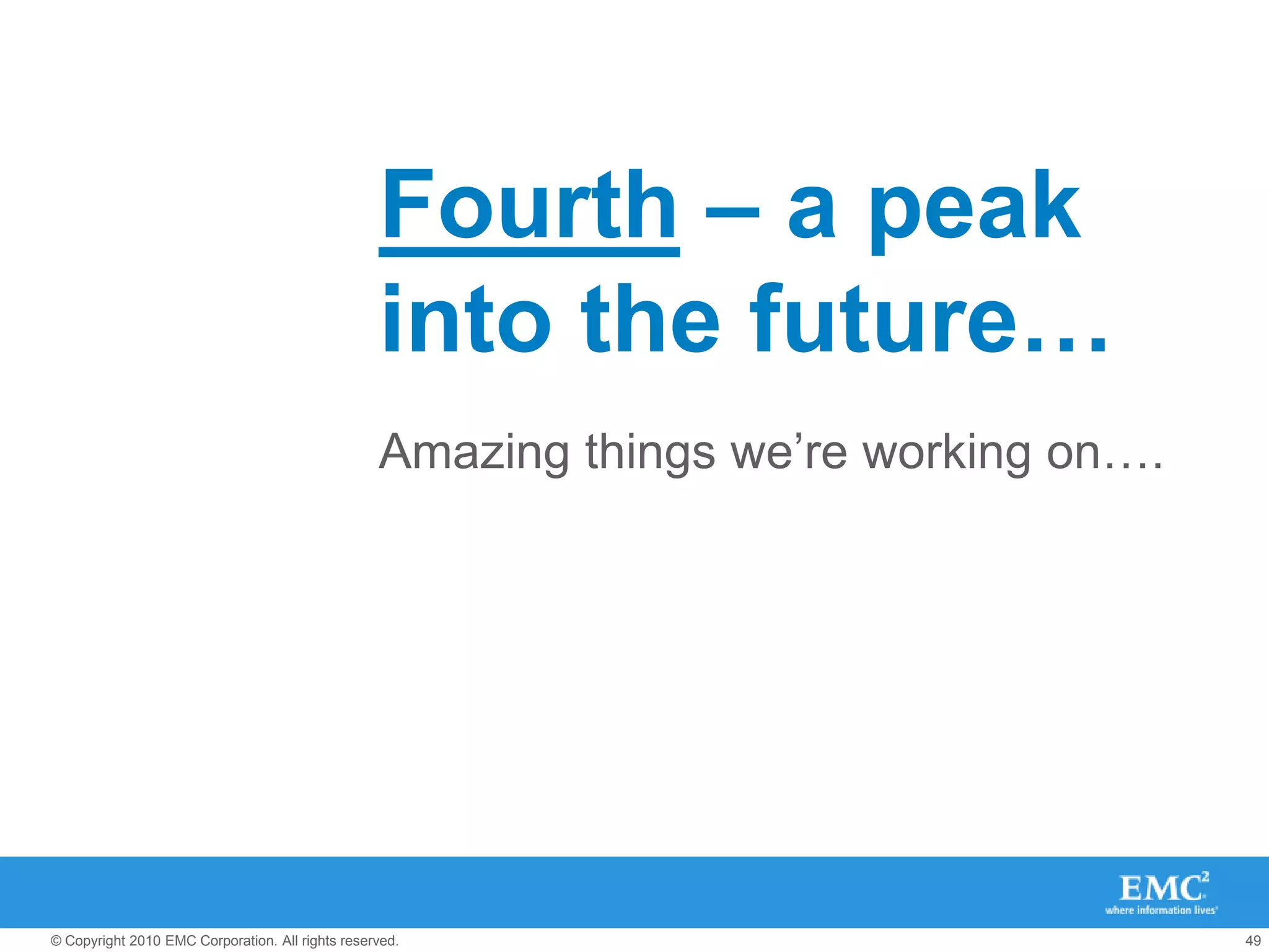 “Use SIOC if you can”This is a huge vSphere 4.1 feature“If you can” equals:vSphere 4.1, Enterprise PlusVMFS (NFS targeted for future vSphere releases – not purely a qual)Enable it (not on by default), even if you don’t use shares – will ensure no VM swamps the othersBonus is you will get guest-level latency alerting!Default threshold is 30msLeave it at 30ms for 10K/15K, increase to 50ms for 7.2K, decrease to 10ms for SSDFully supported with array auto-tiering - leave it at 30ms for FAST pools Hard IO limits are handy for View use casesSome good recommended reading:http://www.vmware.com/files/pdf/techpaper/VMW-vSphere41-SIOC.pdfhttp://virtualgeek.typepad.com/virtual_geek/2010/07/vsphere-41-sioc-and-array-auto-tiering.htmlhttp://virtualgeek.typepad.com/virtual_geek/2010/08/drs-for-storage.htmlhttp://www.yellow-bricks.com/2010/09/29/storage-io-fairness/