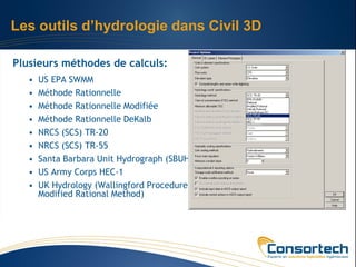 Les outils d’hydrologie dans Civil 3D

Plusieurs méthodes de calculs:
   •   US EPA SWMM
   •   Méthode Rationnelle
   •   Méthode Rationnelle Modifiée
   •   Méthode Rationnelle DeKalb
   •   NRCS (SCS) TR-20
   •   NRCS (SCS) TR-55
   •   Santa Barbara Unit Hydrograph (SBUH)
   •   US Army Corps HEC-1
   •   UK Hydrology (Wallingford Procedure
       Modified Rational Method)
 