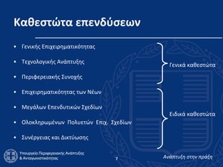 Καθεστώτα επενδύσεων Γενικής Επιχειρηματικότητας  Τεχνολογικής Ανάπτυξης  Περιφερειακής Συνοχής  Επιχειρηματικότητας των Νέων  Μεγάλων Επενδυτικών Σχεδίων  Ολοκληρωμένων  Πολυετών  Επιχ.  Σχεδίων  Συνέργειας και Δικτύωσης Γενικά καθεστώτα Ειδικά καθεστώτα 