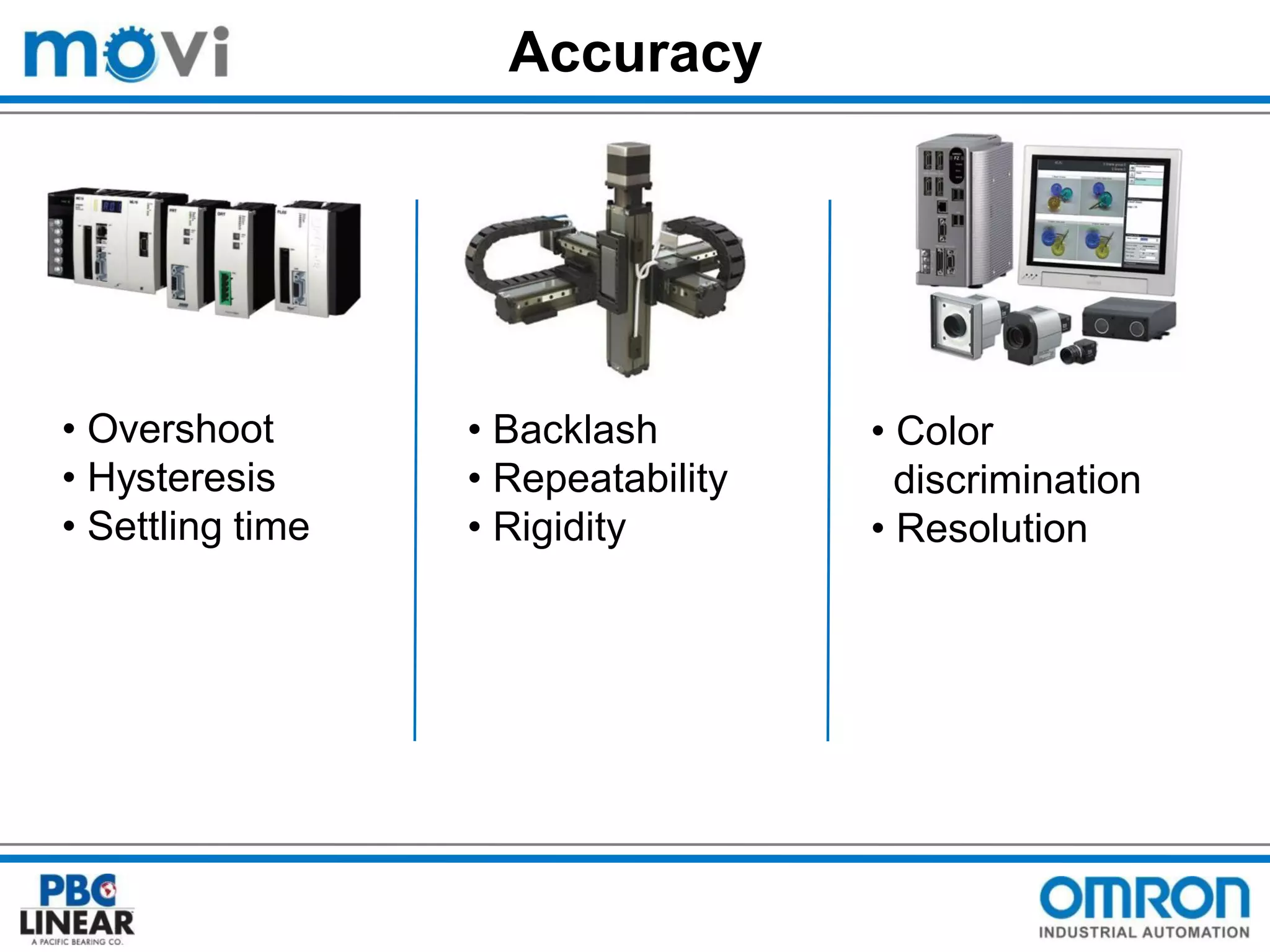 Accuracy

• Overshoot
• Hysteresis
• Settling time

• Backlash
• Repeatability
• Rigidity

• Color
discrimination
• Resolution

 