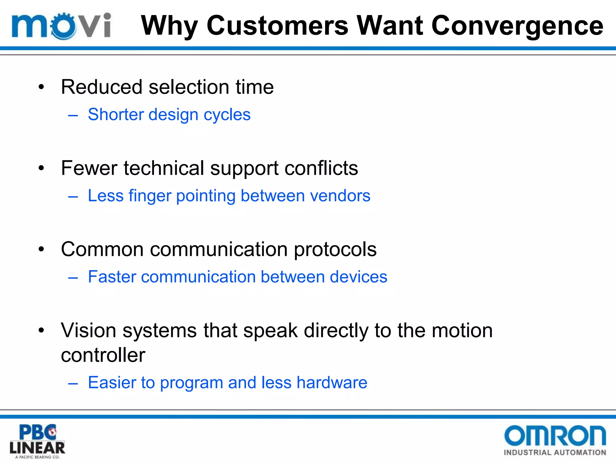 Why Customers Want Convergence
• Reduced selection time
– Shorter design cycles

• Fewer technical support conflicts
– Less finger pointing between vendors

• Common communication protocols
– Faster communication between devices

• Vision systems that speak directly to the motion
controller
– Easier to program and less hardware

 