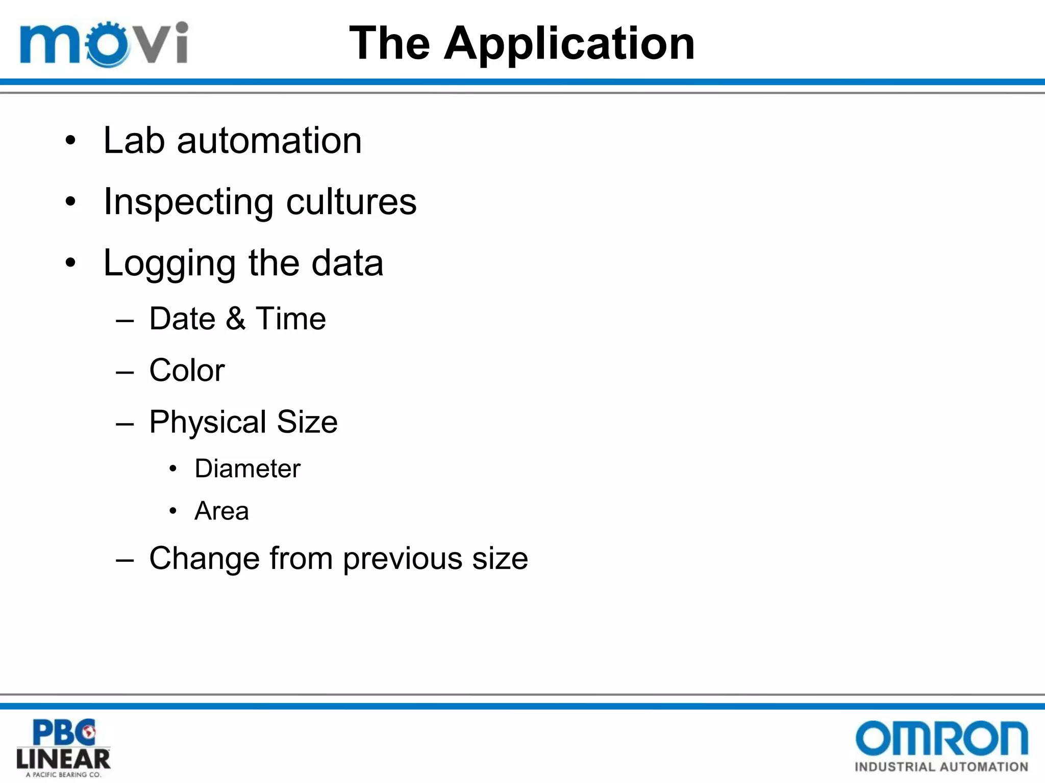 The Application
• Lab automation
• Inspecting cultures
• Logging the data
– Date & Time
– Color

– Physical Size
• Diameter
• Area

– Change from previous size

 