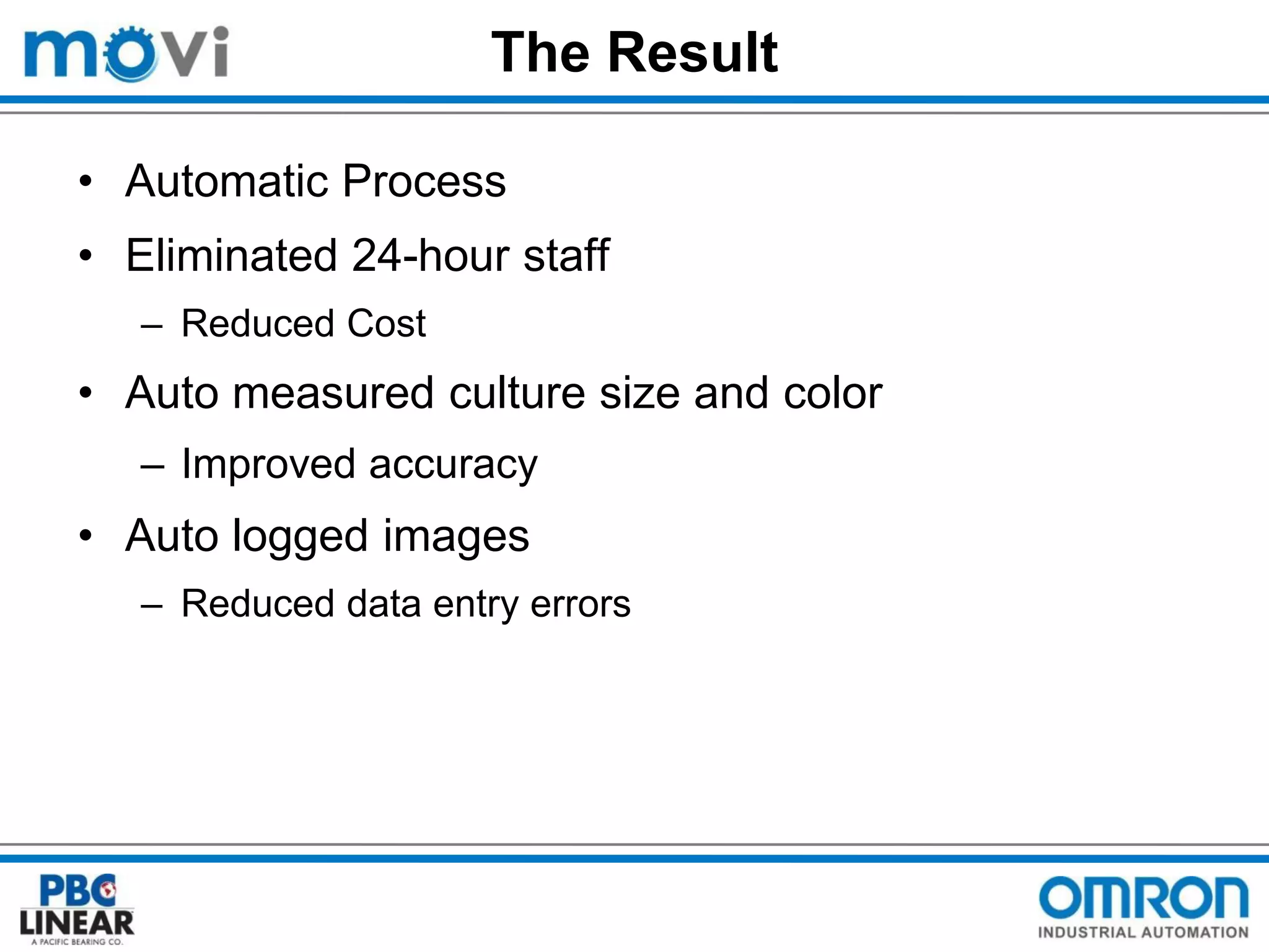 The Result
• Automatic Process

• Eliminated 24-hour staff
– Reduced Cost

• Auto measured culture size and color
– Improved accuracy

• Auto logged images
– Reduced data entry errors

 