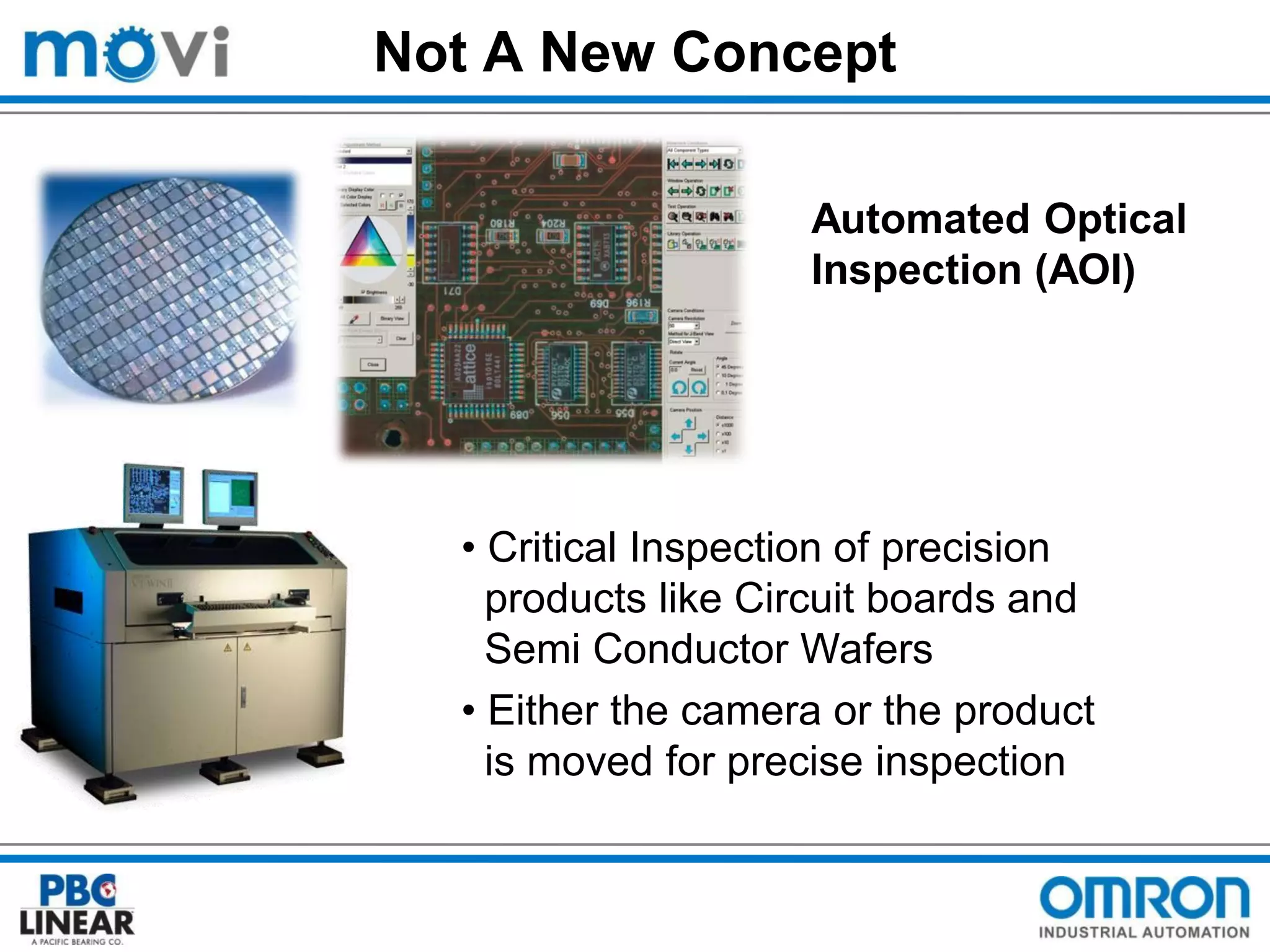 Not A New Concept
Automated Optical
Inspection (AOI)

• Critical Inspection of precision
products like Circuit boards and
Semi Conductor Wafers
• Either the camera or the product
is moved for precise inspection

 