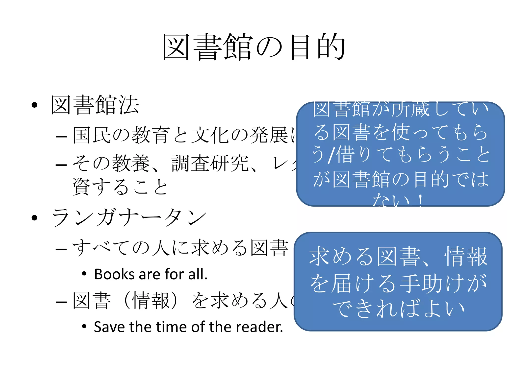 図書館の目的図書館法国民の教育と文化の発展に寄与することその教養、調査研究、レクリエーショ ン等に資することランガナータンすべての人に求める図書（情報）をBooks are for all.図書（情報）を求める人の時間を節約せよSave the time of the reader.図書館が所蔵している図書を使ってもらう/借りてもらうことが図書館の目的ではない！求める図書、情報を届ける手助けができればよい