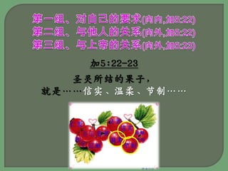 第一组、对自己的要求(向内,加5:22)第二组、与他人的关系(向外,加5:22)第三组、与上帝的关系(向外,加5:23)加5:22-23圣灵所结的果子，就是……信实、温柔、节制……