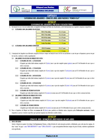Hóquei em Patins
                                                    REGRAS DE JOGO

                                                                         CAPÍTULO II
                            CATEGORIAS DOS JOGADORES – ZONAS DE JOGO, JOGO PASSIVO E “POWER-PLAY”
                                                                          ARTIGO 8º
                                         (CATEGORIAS DOS JOGADORES, POR SEXO E ESCALÃO ETÁRIO)
1. Em função do sexo e do seu escalão etário, os Jogadores de Hóquei em Patins são classificados, a nível internacional, nas seguintes categorias competitivas:
   1.1 CATEGORIAS DOS JOGADORES MASCULINOS
                                                             SUB-15 Masculino                  12 a 14 anos
                                                             SUB-17 Masculino                  13 a 16 anos
                                                             SUB-20 Masculino                  14 a 19 anos
                                                             SUB-23 Masculino                  14 a 22 anos
                                                             Senior Masculino                  = > 14 anos
    1.2 CATEGORIAS DOS JOGADORES FEMININOS
                                                              SUB-18 Feminino                  13 a 17 anos
                                                              Senior Feminino                  = > 14 anos
2. A integração dos Jogadores nas diferentes categorias efectua-se sempre em função do ano civil do seu nascimento e o ano em que se disputam as provas em que
   for inscrito, conforme se indica seguidamente:
   2.1 JOGADORES MASCULINOS DE HÓQUEI EM PATINS
          2.1.1 CATEGORIA DE SUB – 15 MASCULINO
                    O Jogador que tenha idade mínima completa de 12 (doze) anos e que não complete quinze (quinze) anos até 31 de Dezembro do ano a que se
                    refere a inscrição.
          2.1.2 CATEGORIA DE SUB – 17 MASCULINO
                    O Jogador que tenha idade mínima completa de 13 (treze) anos e que não complete 17 (dezassete) anos até 31 de Dezembro do ano a que se
                    refere a inscrição.
          2.1.3 CATEGORIA DE SUB – 20 MASCULINO
                    O Jogador que tenha idade mínima completa de 14 (catorze) anos e que não complete 20 (vinte) anos até 31 de Dezembro do ano a que se refere
                    a inscrição.
          2.1.4 CATEGORIA DE SUB – 23 MASCULINO
                    O Jogador que tenha idade mínima completa de 14 (catorze) anos e que não complete 23 (vinte e três) anos até 31 de Dezembro do ano a que se
                    refere a inscrição.
          2.1.5 CATEGORIA DE SÉNIOR MASCULINO
                    O Jogador que tenha idade mínima completa de 14 (catorze) ou mais anos até 31 de Dezembro do ano a que se refere a mesma inscrição.
   2.2 JOGADORES FEMININOS DE HÓQUEI EM PATINS
          2.2.1 CATEGORIA DE SUB – 18 FEMININO
                    A Jogadora que tenha idade mínima completa de 13 (treze) anos e que não complete 18 (dezoito) anos até 31 de Dezembro do ano a que se
                    refere a inscrição.
          2.2.2 CATEGORIA DE SÉNIOR FEMININO
                    A Jogadora que tenha idade mínima completa de 14 (catorze) ou mais anos até 31 de Dezembro do ano a que se refere a mesma inscrição.
3. Para os Jogadores de Hóquei em Patins com menos de 12 (doze) anos, poderão ser definidas outras categorias pelas Federações nacionais, visando
   enquadrar as provas e torneios específicos que queiram organizar nos diferentes escalões etários.

                                                                          ARTIGO 9º
                                       (ZONAS DE JOGO - DEFINIÇÃO DE JOGO PASSIVO E DE ANTI-JOGO)
1. ZONAS DO JOGO
   Atento o disposto no ponto 5 do Artigo 3 do Regulamento Técnico, a linha divisória de cada meia-pista permite a delimitação, para cada uma das equipas, de
   duas “zonas” de jogo – uma "ZONA DEFENSIVA" e uma " ZONA ATACANTE – a que correspondem diferentes tempos de posse de bola, conforme seguidamente
   está especificado.


                                                                      Página 8 de 39
 