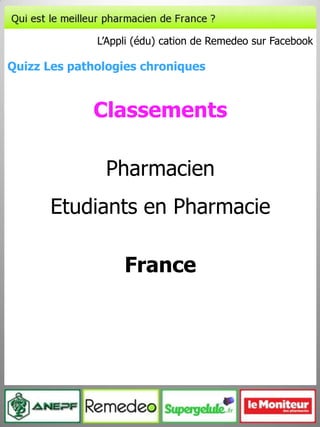 Classements PharmacienEtudiants en Pharmacie France L’Appli (édu) cation de Remedeo sur Facebook Quizz Les pathologies chroniques 