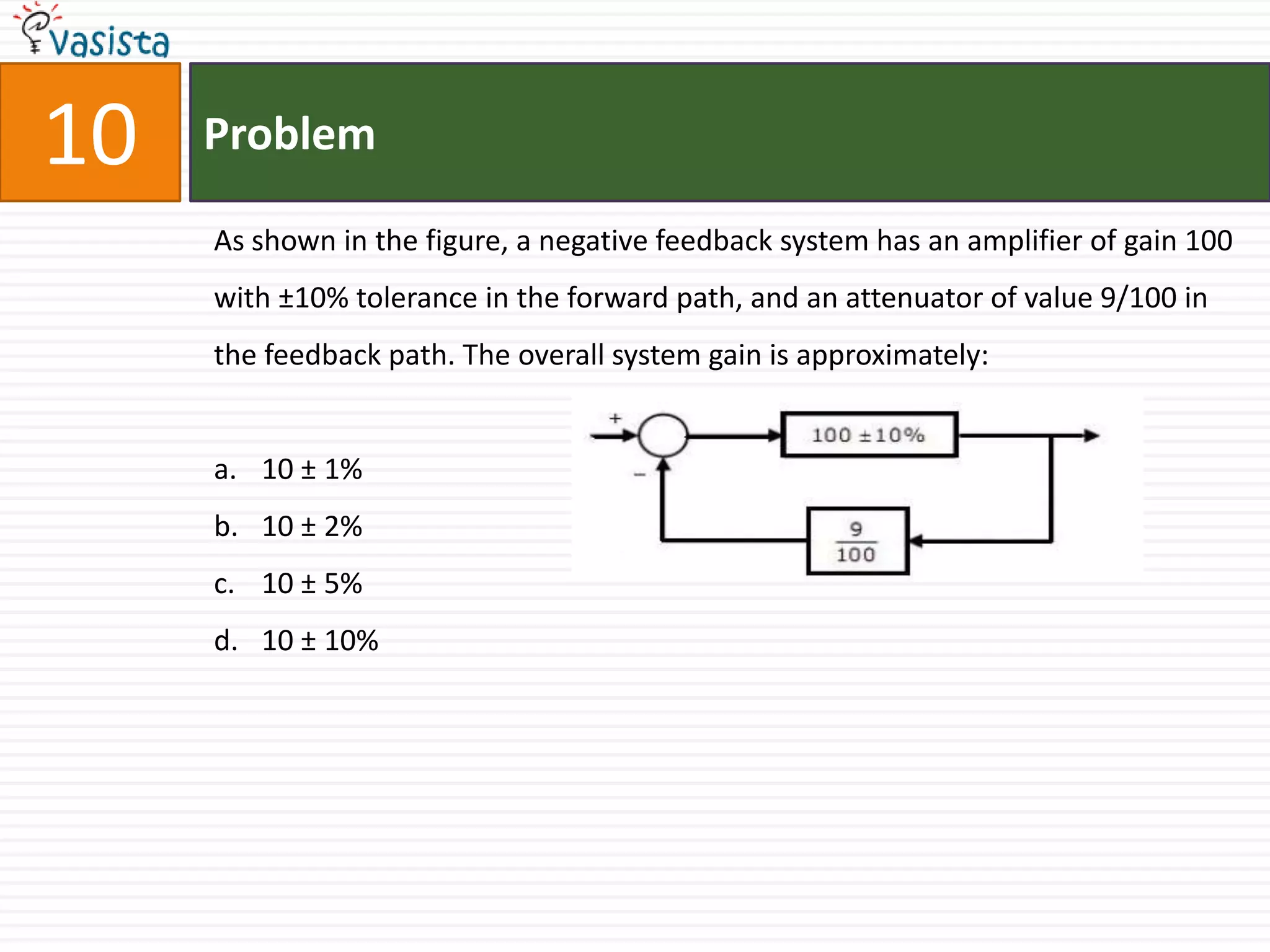 10   Problem

     As shown in the figure, a negative feedback system has an amplifier of gain 100
     with ±10% tolerance in the forward path, and an attenuator of value 9/100 in
     the feedback path. The overall system gain is approximately:


     a. 10 ± 1%
     b. 10 ± 2%
     c. 10 ± 5%
     d. 10 ± 10%
 