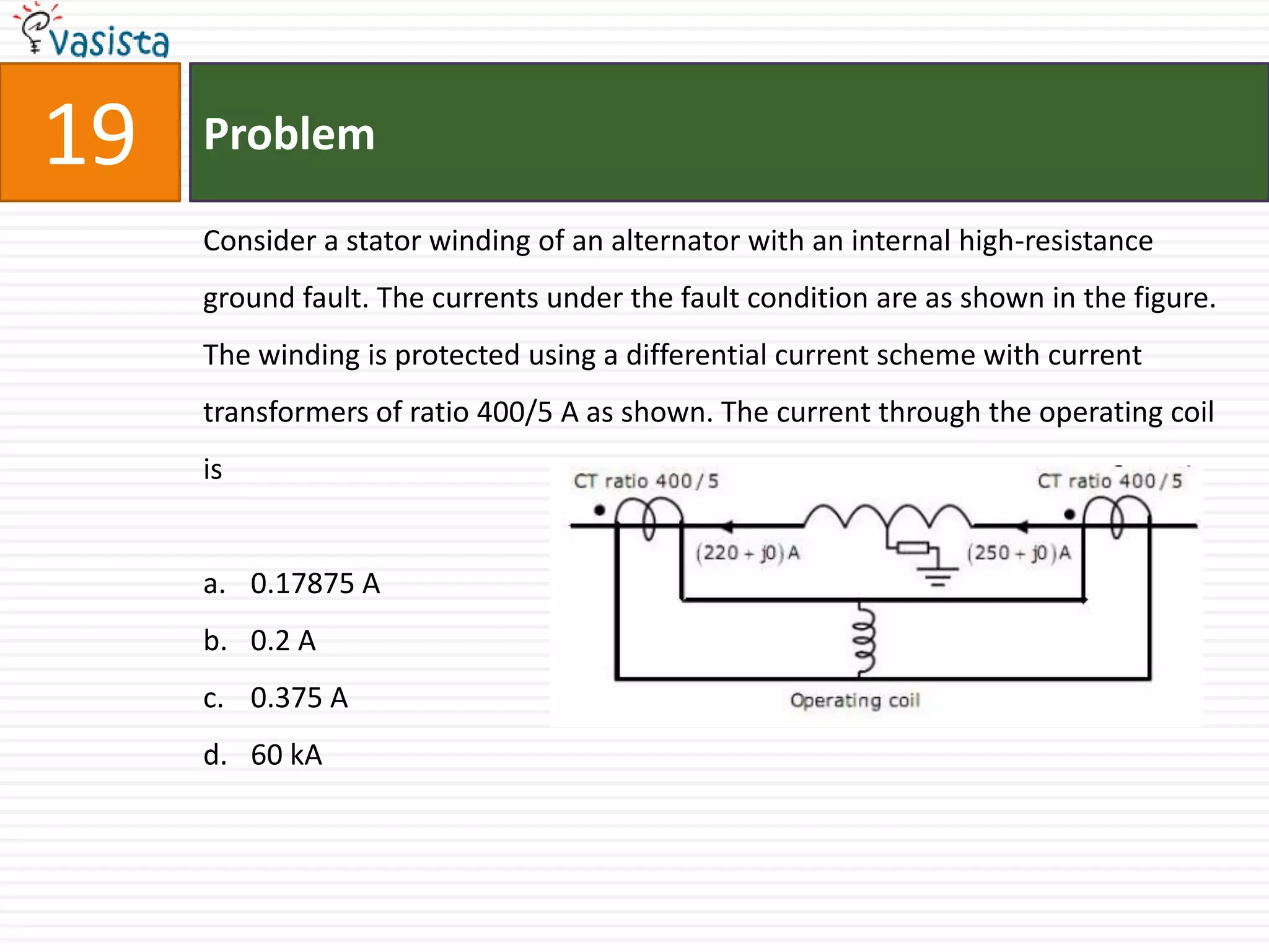 19   Problem

     Consider a stator winding of an alternator with an internal high-resistance
     ground fault. The currents under the fault condition are as shown in the figure.
     The winding is protected using a differential current scheme with current
     transformers of ratio 400/5 A as shown. The current through the operating coil
     is


     a. 0.17875 A
     b. 0.2 A
     c. 0.375 A
     d. 60 kA
 