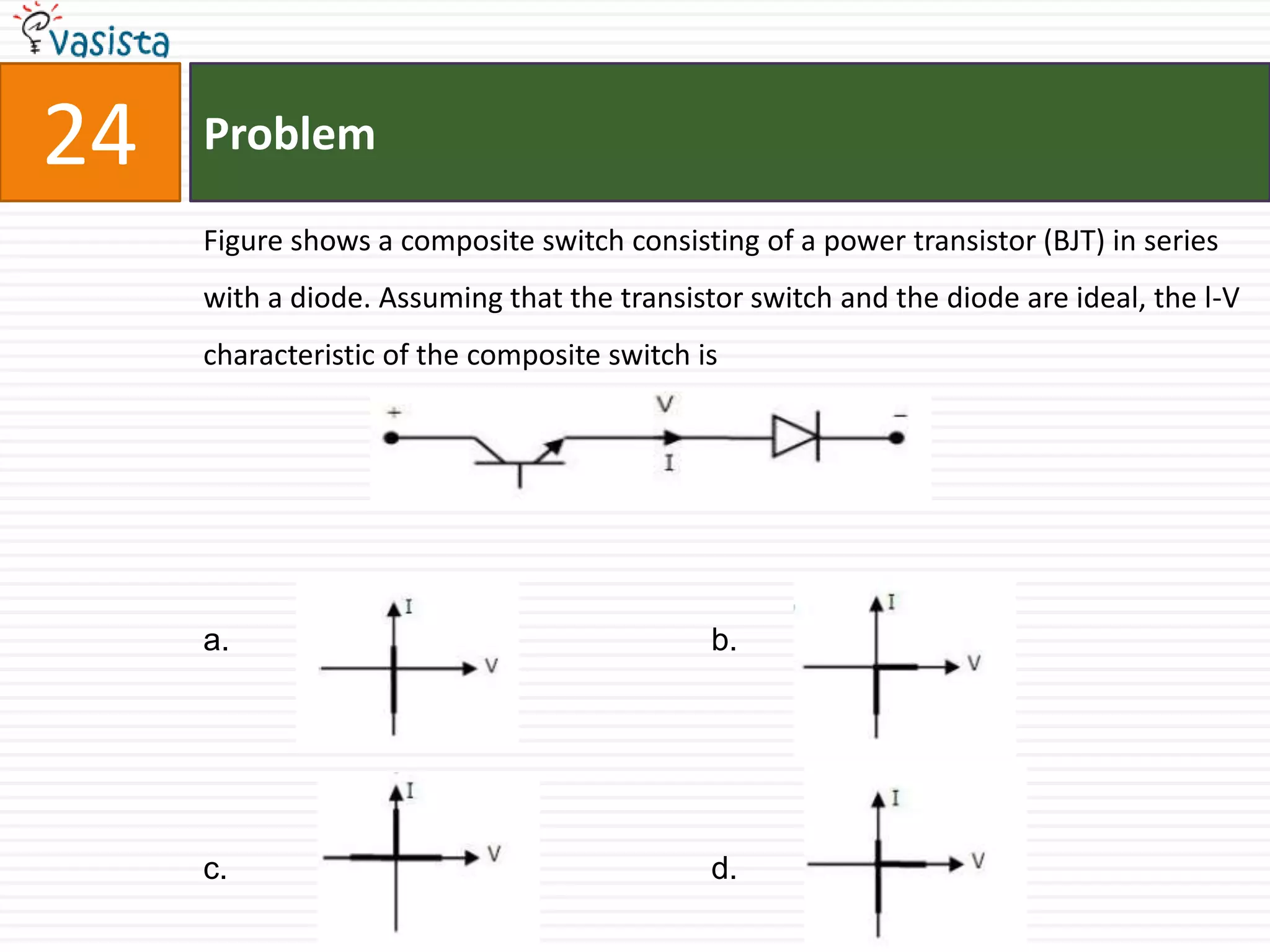 24   Problem

     Figure shows a composite switch consisting of a power transistor (BJT) in series
     with a diode. Assuming that the transistor switch and the diode are ideal, the l-V
     characteristic of the composite switch is




     a.                                      b.




     c.                                      d.
 