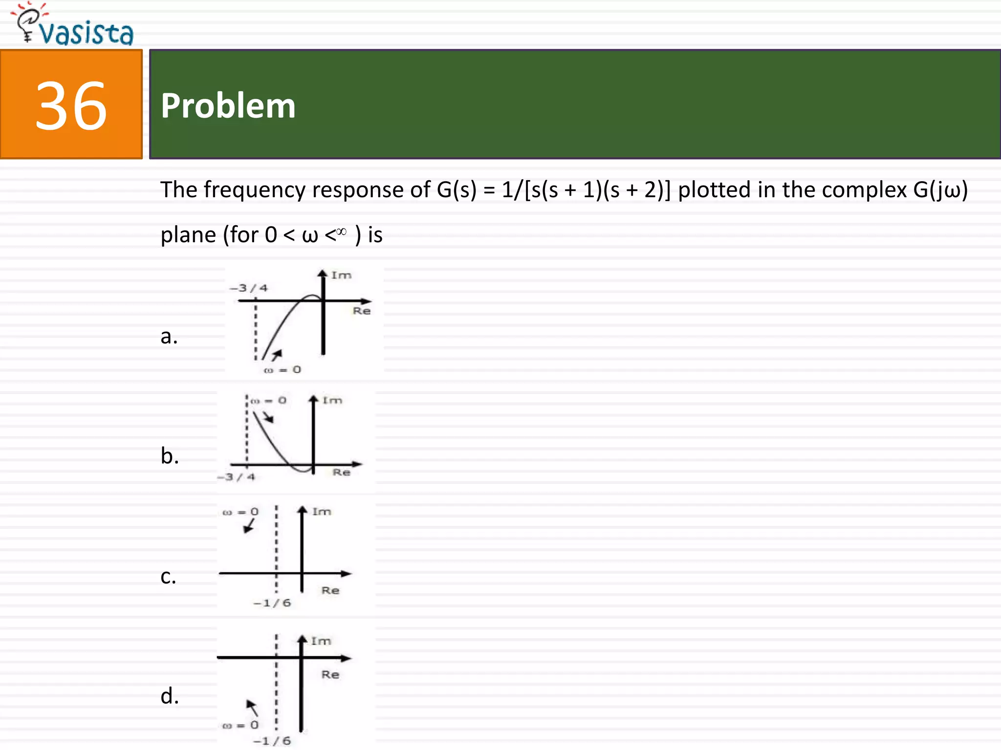 36   Problem

     The frequency response of G(s) = 1/[s(s + 1)(s + 2)] plotted in the complex G(jω)
     plane (for 0 < ω < ) is



     a.



     b.



     c.



     d.
 