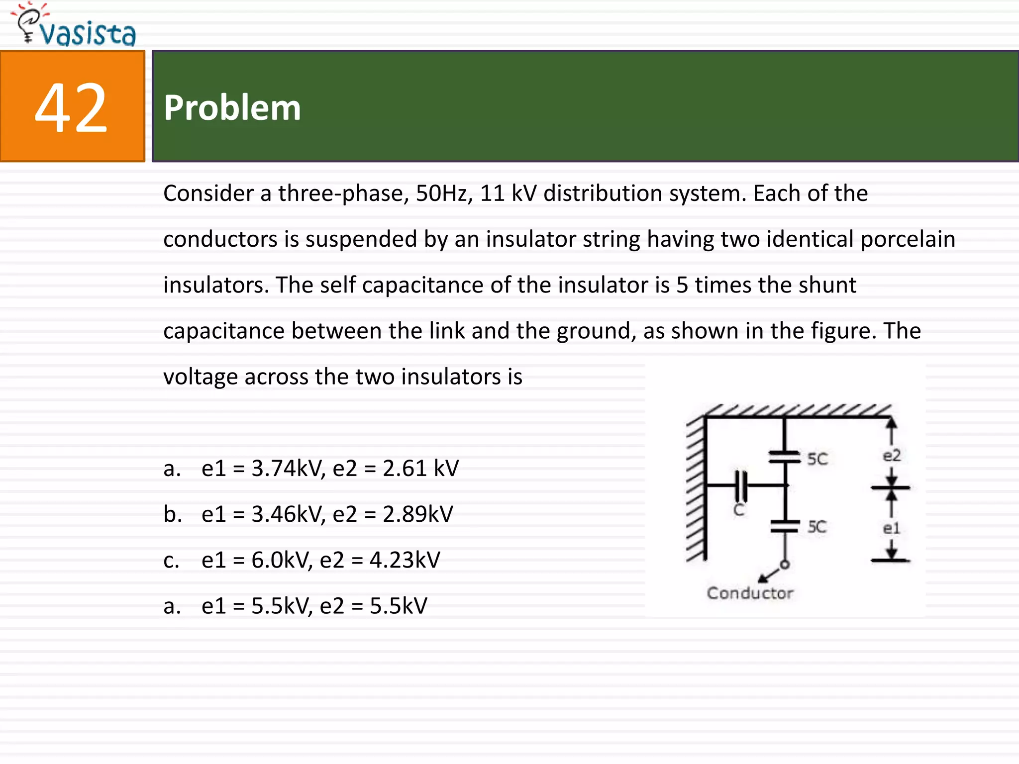 42   Problem

     Consider a three-phase, 50Hz, 11 kV distribution system. Each of the
     conductors is suspended by an insulator string having two identical porcelain
     insulators. The self capacitance of the insulator is 5 times the shunt
     capacitance between the link and the ground, as shown in the figure. The
     voltage across the two insulators is


     a. e1 = 3.74kV, e2 = 2.61 kV
     b. e1 = 3.46kV, e2 = 2.89kV
     c. e1 = 6.0kV, e2 = 4.23kV
     a. e1 = 5.5kV, e2 = 5.5kV
 
