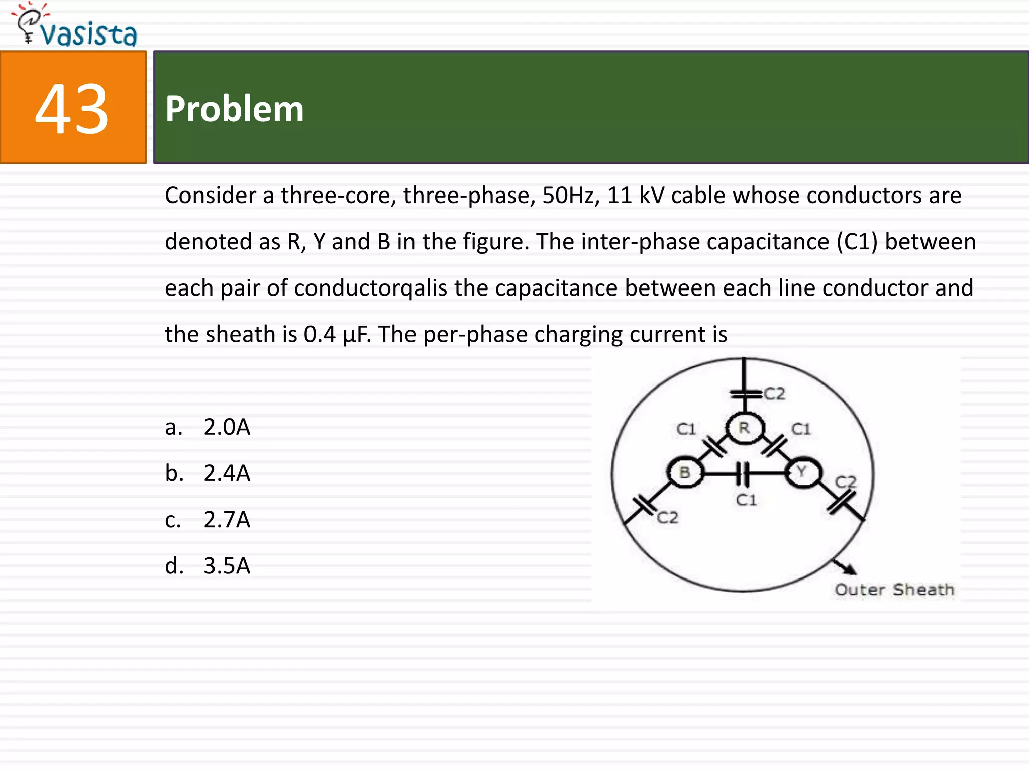 43   Problem

     Consider a three-core, three-phase, 50Hz, 11 kV cable whose conductors are
     denoted as R, Y and B in the figure. The inter-phase capacitance (C1) between
     each pair of conductorqalis the capacitance between each line conductor and
     the sheath is 0.4 μF. The per-phase charging current is


     a. 2.0A
     b. 2.4A
     c. 2.7A
     d. 3.5A
 