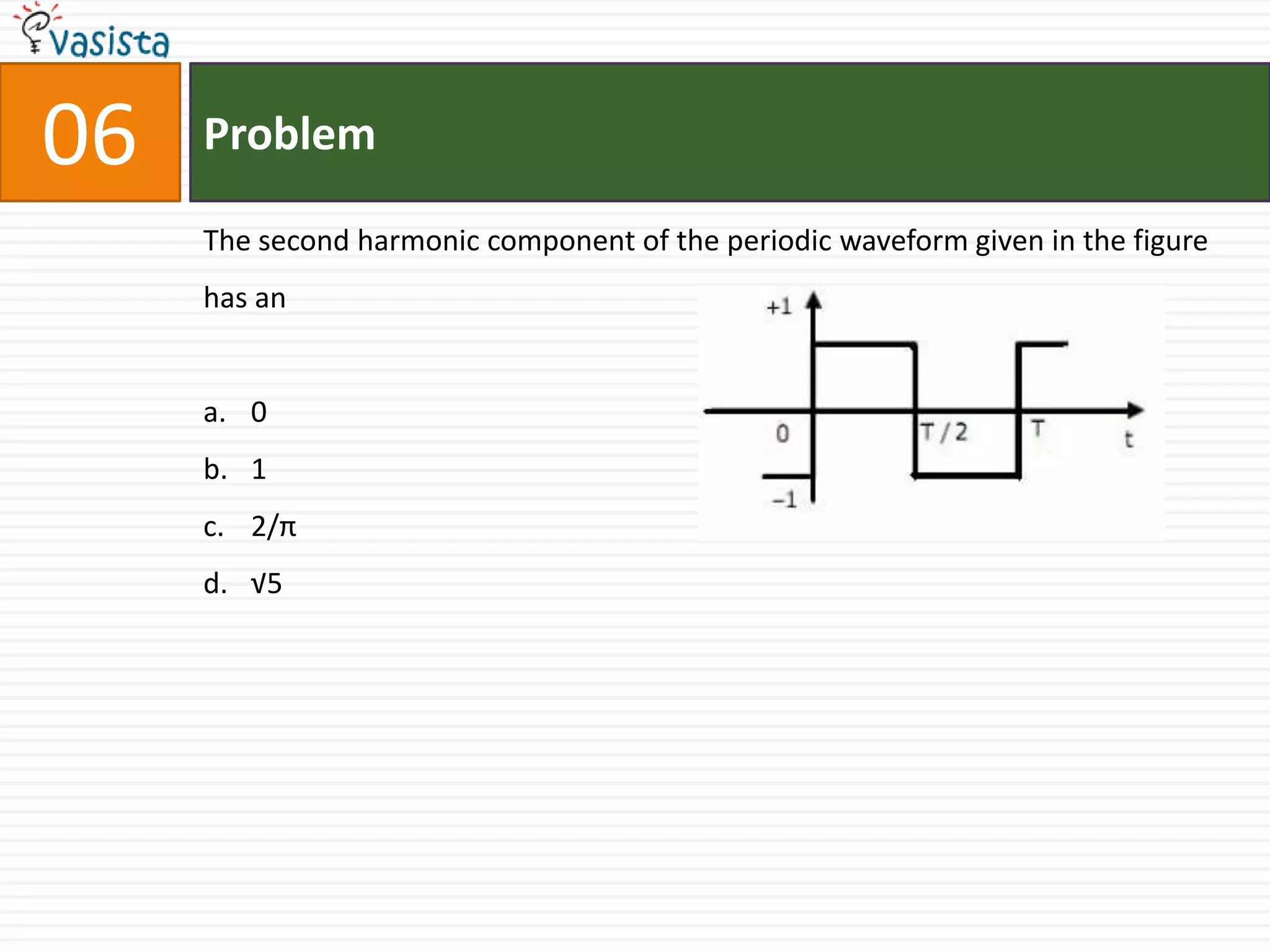06   Problem

     The second harmonic component of the periodic waveform given in the figure
     has an


     a. 0
     b. 1
     c. 2/π
     d. √5
 