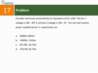 17   Problem

     Consider two buses connected by an impedance of (0 + j5)Ω. The bus 1
     voltage is 100 30º V, and bus 2 voltage is 100 0º . The real and reactive
     power supplied by bus 1, respectively, are


     a. 1000W, 268VAr
     b. -1000W, -134Var
     c. 276.9W, -56.7Var
     d. -276.9W, 56.7Var
 