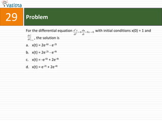 29   Problem

     For the differential equation d   2
                                           x
                                           2
                                               6    - 8x
                                                   dx
                                                           0   with initial conditions x(0) = 1 and
                                     dt            dt
      dx
      dt t   0
                 , the solution is
     a. x(t) = 2e-6t - e-2t
     b. x(t) = 2e-2t - e-4t
     c. x(t) = -e-6t + 2e-4t
     d. x(t) = e-2t + 2e-4t
 