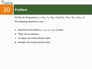 30   Problem

     For the set of equations, x1 + 2x2 + x3 + 4x4 =2 and 3x1 + 6x2 + 3x2 + 12x4 = 6.
     The following statement is true


     a. Only the trivial solution x1 = x2 = x3 = x4 = 0 exists
     b. There are no solutions
     c. A unique non-trivial solution exists
     d. Multiple non-trivial solutions exist
 