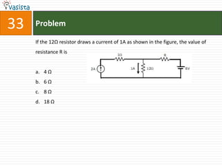 33   Problem

     If the 12Ω resistor draws a current of 1A as shown in the figure, the value of
     resistance R is


     a. 4 Ω
     b. 6 Ω
     c. 8 Ω
     d. 18 Ω
 