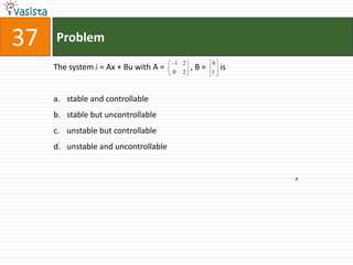 37   Problem
                                       1 2           0
                
     The system x = Ax + Bu with A =           ,B=       is
                                       0   2         1



     a. stable and controllable
     b. stable but uncontrollable
     c. unstable but controllable
     d. unstable and uncontrollable
 