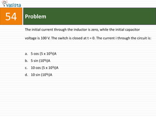 54   Problem

     The initial current through the inductor is zero, while the initial capacitor

     voltage is 100 V. The switch is closed at t = 0. The current i through the circuit is:


     a. 5 cos (5 x 103t)A
     b. 5 sin (104t)A
     c. 10 cos (5 x 103t)A
     d. 10 sin (104t)A
 