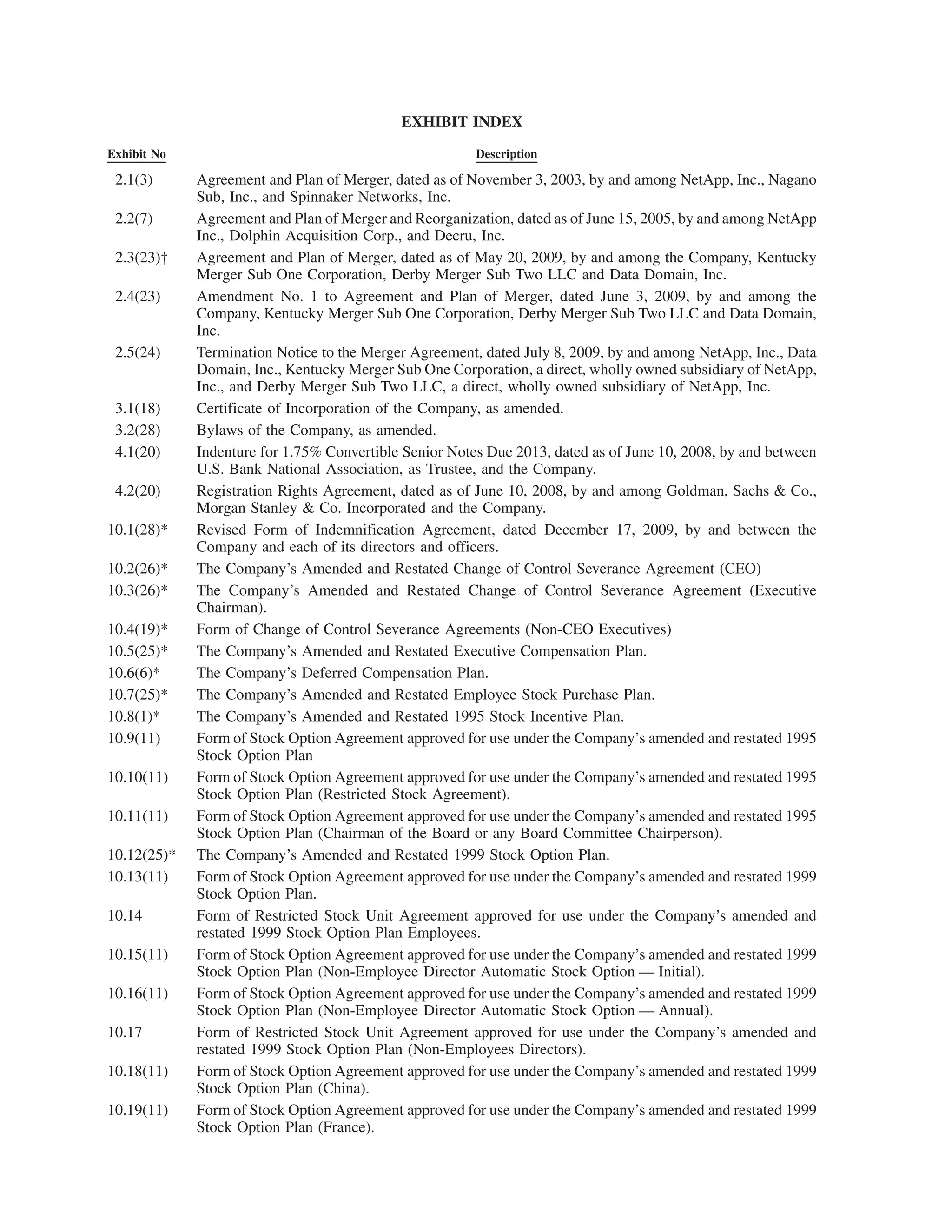 EXHIBIT INDEX

Exhibit No                                              Description

 2.1(3)      Agreement and Plan of Merger, dated as of November 3, 2003, by and among NetApp, Inc., Nagano
             Sub, Inc., and Spinnaker Networks, Inc.
 2.2(7)      Agreement and Plan of Merger and Reorganization, dated as of June 15, 2005, by and among NetApp
             Inc., Dolphin Acquisition Corp., and Decru, Inc.
 2.3(23)†    Agreement and Plan of Merger, dated as of May 20, 2009, by and among the Company, Kentucky
             Merger Sub One Corporation, Derby Merger Sub Two LLC and Data Domain, Inc.
 2.4(23)     Amendment No. 1 to Agreement and Plan of Merger, dated June 3, 2009, by and among the
             Company, Kentucky Merger Sub One Corporation, Derby Merger Sub Two LLC and Data Domain,
             Inc.
 2.5(24)     Termination Notice to the Merger Agreement, dated July 8, 2009, by and among NetApp, Inc., Data
             Domain, Inc., Kentucky Merger Sub One Corporation, a direct, wholly owned subsidiary of NetApp,
             Inc., and Derby Merger Sub Two LLC, a direct, wholly owned subsidiary of NetApp, Inc.
 3.1(18)     Certificate of Incorporation of the Company, as amended.
 3.2(28)     Bylaws of the Company, as amended.
 4.1(20)     Indenture for 1.75% Convertible Senior Notes Due 2013, dated as of June 10, 2008, by and between
             U.S. Bank National Association, as Trustee, and the Company.
 4.2(20)     Registration Rights Agreement, dated as of June 10, 2008, by and among Goldman, Sachs & Co.,
             Morgan Stanley & Co. Incorporated and the Company.
10.1(28)*    Revised Form of Indemnification Agreement, dated December 17, 2009, by and between the
             Company and each of its directors and officers.
10.2(26)*    The Company’s Amended and Restated Change of Control Severance Agreement (CEO)
10.3(26)*    The Company’s Amended and Restated Change of Control Severance Agreement (Executive
             Chairman).
10.4(19)*    Form of Change of Control Severance Agreements (Non-CEO Executives)
10.5(25)*    The Company’s Amended and Restated Executive Compensation Plan.
10.6(6)*     The Company’s Deferred Compensation Plan.
10.7(25)*    The Company’s Amended and Restated Employee Stock Purchase Plan.
10.8(1)*     The Company’s Amended and Restated 1995 Stock Incentive Plan.
10.9(11)     Form of Stock Option Agreement approved for use under the Company’s amended and restated 1995
             Stock Option Plan
10.10(11)    Form of Stock Option Agreement approved for use under the Company’s amended and restated 1995
             Stock Option Plan (Restricted Stock Agreement).
10.11(11)    Form of Stock Option Agreement approved for use under the Company’s amended and restated 1995
             Stock Option Plan (Chairman of the Board or any Board Committee Chairperson).
10.12(25)*   The Company’s Amended and Restated 1999 Stock Option Plan.
10.13(11)    Form of Stock Option Agreement approved for use under the Company’s amended and restated 1999
             Stock Option Plan.
10.14        Form of Restricted Stock Unit Agreement approved for use under the Company’s amended and
             restated 1999 Stock Option Plan Employees.
10.15(11)    Form of Stock Option Agreement approved for use under the Company’s amended and restated 1999
             Stock Option Plan (Non-Employee Director Automatic Stock Option — Initial).
10.16(11)    Form of Stock Option Agreement approved for use under the Company’s amended and restated 1999
             Stock Option Plan (Non-Employee Director Automatic Stock Option — Annual).
10.17        Form of Restricted Stock Unit Agreement approved for use under the Company’s amended and
             restated 1999 Stock Option Plan (Non-Employees Directors).
10.18(11)    Form of Stock Option Agreement approved for use under the Company’s amended and restated 1999
             Stock Option Plan (China).
10.19(11)    Form of Stock Option Agreement approved for use under the Company’s amended and restated 1999
             Stock Option Plan (France).
 