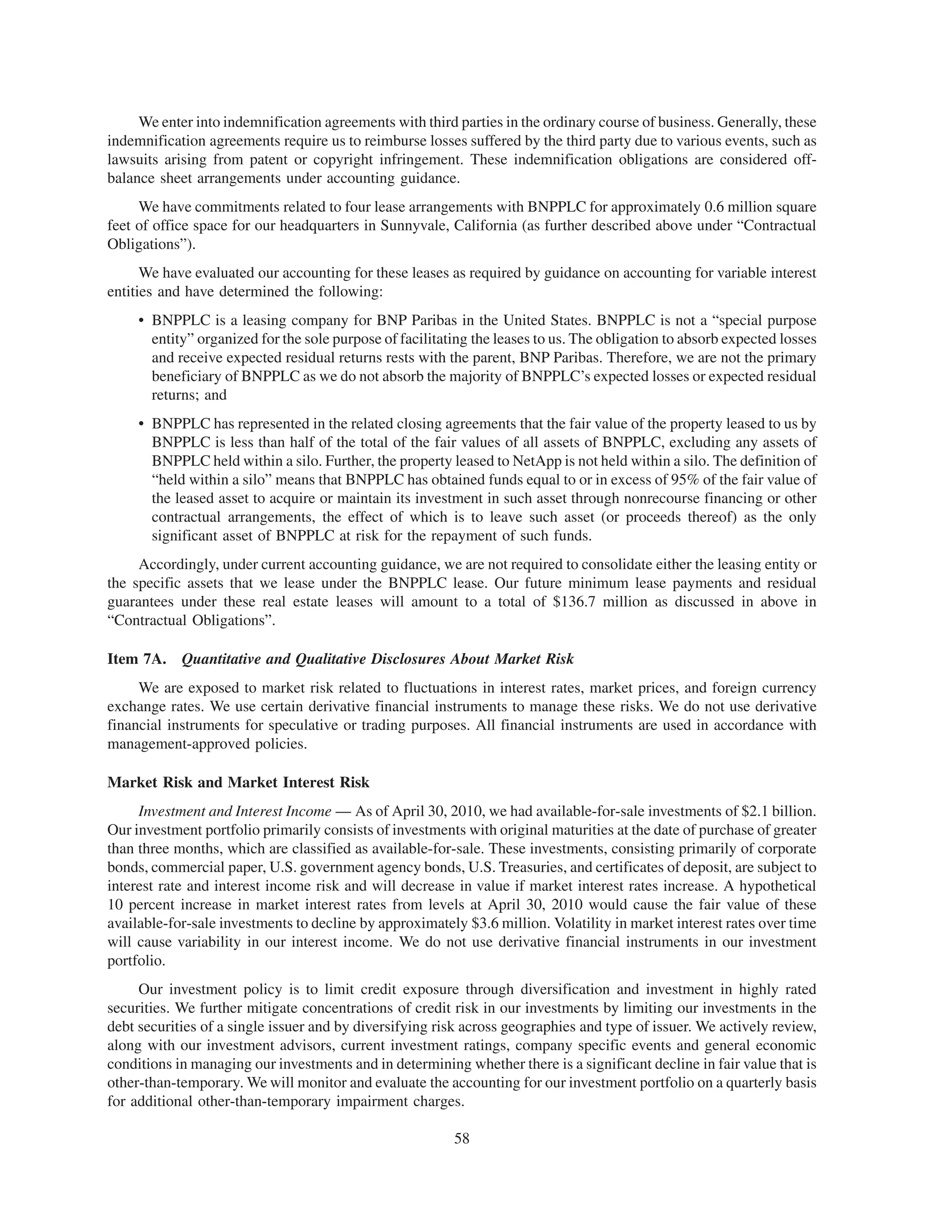 We enter into indemnification agreements with third parties in the ordinary course of business. Generally, these
indemnification agreements require us to reimburse losses suffered by the third party due to various events, such as
lawsuits arising from patent or copyright infringement. These indemnification obligations are considered off-
balance sheet arrangements under accounting guidance.
     We have commitments related to four lease arrangements with BNPPLC for approximately 0.6 million square
feet of office space for our headquarters in Sunnyvale, California (as further described above under “Contractual
Obligations”).
      We have evaluated our accounting for these leases as required by guidance on accounting for variable interest
entities and have determined the following:
     • BNPPLC is a leasing company for BNP Paribas in the United States. BNPPLC is not a “special purpose
       entity” organized for the sole purpose of facilitating the leases to us. The obligation to absorb expected losses
       and receive expected residual returns rests with the parent, BNP Paribas. Therefore, we are not the primary
       beneficiary of BNPPLC as we do not absorb the majority of BNPPLC’s expected losses or expected residual
       returns; and
     • BNPPLC has represented in the related closing agreements that the fair value of the property leased to us by
       BNPPLC is less than half of the total of the fair values of all assets of BNPPLC, excluding any assets of
       BNPPLC held within a silo. Further, the property leased to NetApp is not held within a silo. The definition of
       “held within a silo” means that BNPPLC has obtained funds equal to or in excess of 95% of the fair value of
       the leased asset to acquire or maintain its investment in such asset through nonrecourse financing or other
       contractual arrangements, the effect of which is to leave such asset (or proceeds thereof) as the only
       significant asset of BNPPLC at risk for the repayment of such funds.
     Accordingly, under current accounting guidance, we are not required to consolidate either the leasing entity or
the specific assets that we lease under the BNPPLC lease. Our future minimum lease payments and residual
guarantees under these real estate leases will amount to a total of $136.7 million as discussed in above in
“Contractual Obligations”.

Item 7A. Quantitative and Qualitative Disclosures About Market Risk
     We are exposed to market risk related to fluctuations in interest rates, market prices, and foreign currency
exchange rates. We use certain derivative financial instruments to manage these risks. We do not use derivative
financial instruments for speculative or trading purposes. All financial instruments are used in accordance with
management-approved policies.

Market Risk and Market Interest Risk
     Investment and Interest Income — As of April 30, 2010, we had available-for-sale investments of $2.1 billion.
Our investment portfolio primarily consists of investments with original maturities at the date of purchase of greater
than three months, which are classified as available-for-sale. These investments, consisting primarily of corporate
bonds, commercial paper, U.S. government agency bonds, U.S. Treasuries, and certificates of deposit, are subject to
interest rate and interest income risk and will decrease in value if market interest rates increase. A hypothetical
10 percent increase in market interest rates from levels at April 30, 2010 would cause the fair value of these
available-for-sale investments to decline by approximately $3.6 million. Volatility in market interest rates over time
will cause variability in our interest income. We do not use derivative financial instruments in our investment
portfolio.
     Our investment policy is to limit credit exposure through diversification and investment in highly rated
securities. We further mitigate concentrations of credit risk in our investments by limiting our investments in the
debt securities of a single issuer and by diversifying risk across geographies and type of issuer. We actively review,
along with our investment advisors, current investment ratings, company specific events and general economic
conditions in managing our investments and in determining whether there is a significant decline in fair value that is
other-than-temporary. We will monitor and evaluate the accounting for our investment portfolio on a quarterly basis
for additional other-than-temporary impairment charges.

                                                          58
 