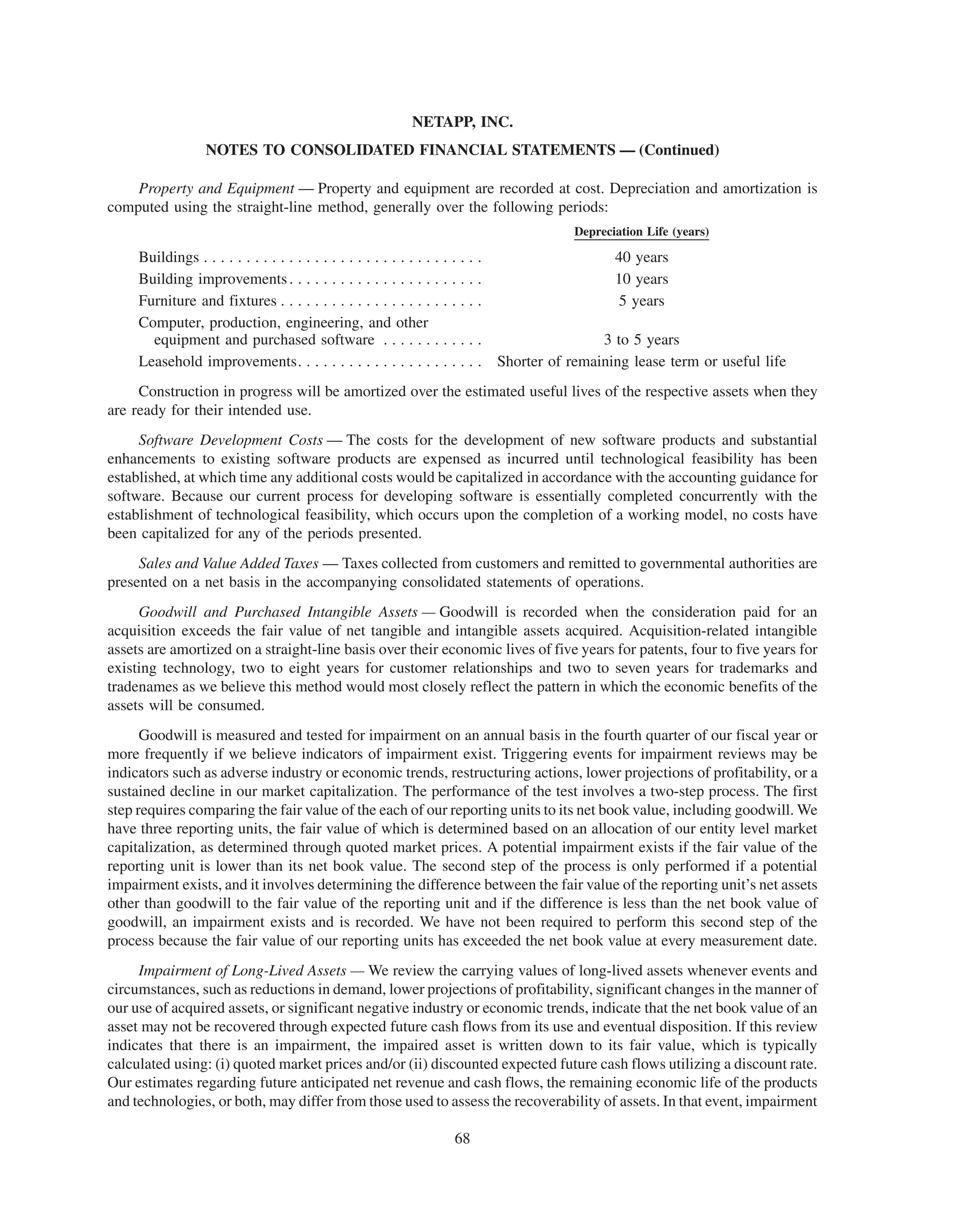 NETAPP, INC.
                   NOTES TO CONSOLIDATED FINANCIAL STATEMENTS — (Continued)

    Property and Equipment — Property and equipment are recorded at cost. Depreciation and amortization is
computed using the straight-line method, generally over the following periods:
                                                                                               Depreciation Life (years)

     Buildings . . . . . . . . . . . . . . . . . . . . . . . . . . . . . . . . .                      40 years
     Building improvements . . . . . . . . . . . . . . . . . . . . . . .                              10 years
     Furniture and fixtures . . . . . . . . . . . . . . . . . . . . . . . .                           5 years
     Computer, production, engineering, and other
       equipment and purchased software . . . . . . . . . . . .                                    3 to 5 years
     Leasehold improvements. . . . . . . . . . . . . . . . . . . . . .             Shorter of remaining lease term or useful life
     Construction in progress will be amortized over the estimated useful lives of the respective assets when they
are ready for their intended use.
     Software Development Costs — The costs for the development of new software products and substantial
enhancements to existing software products are expensed as incurred until technological feasibility has been
established, at which time any additional costs would be capitalized in accordance with the accounting guidance for
software. Because our current process for developing software is essentially completed concurrently with the
establishment of technological feasibility, which occurs upon the completion of a working model, no costs have
been capitalized for any of the periods presented.
     Sales and Value Added Taxes — Taxes collected from customers and remitted to governmental authorities are
presented on a net basis in the accompanying consolidated statements of operations.
     Goodwill and Purchased Intangible Assets — Goodwill is recorded when the consideration paid for an
acquisition exceeds the fair value of net tangible and intangible assets acquired. Acquisition-related intangible
assets are amortized on a straight-line basis over their economic lives of five years for patents, four to five years for
existing technology, two to eight years for customer relationships and two to seven years for trademarks and
tradenames as we believe this method would most closely reflect the pattern in which the economic benefits of the
assets will be consumed.
      Goodwill is measured and tested for impairment on an annual basis in the fourth quarter of our fiscal year or
more frequently if we believe indicators of impairment exist. Triggering events for impairment reviews may be
indicators such as adverse industry or economic trends, restructuring actions, lower projections of profitability, or a
sustained decline in our market capitalization. The performance of the test involves a two-step process. The first
step requires comparing the fair value of the each of our reporting units to its net book value, including goodwill. We
have three reporting units, the fair value of which is determined based on an allocation of our entity level market
capitalization, as determined through quoted market prices. A potential impairment exists if the fair value of the
reporting unit is lower than its net book value. The second step of the process is only performed if a potential
impairment exists, and it involves determining the difference between the fair value of the reporting unit’s net assets
other than goodwill to the fair value of the reporting unit and if the difference is less than the net book value of
goodwill, an impairment exists and is recorded. We have not been required to perform this second step of the
process because the fair value of our reporting units has exceeded the net book value at every measurement date.
     Impairment of Long-Lived Assets — We review the carrying values of long-lived assets whenever events and
circumstances, such as reductions in demand, lower projections of profitability, significant changes in the manner of
our use of acquired assets, or significant negative industry or economic trends, indicate that the net book value of an
asset may not be recovered through expected future cash flows from its use and eventual disposition. If this review
indicates that there is an impairment, the impaired asset is written down to its fair value, which is typically
calculated using: (i) quoted market prices and/or (ii) discounted expected future cash flows utilizing a discount rate.
Our estimates regarding future anticipated net revenue and cash flows, the remaining economic life of the products
and technologies, or both, may differ from those used to assess the recoverability of assets. In that event, impairment

                                                                          68
 