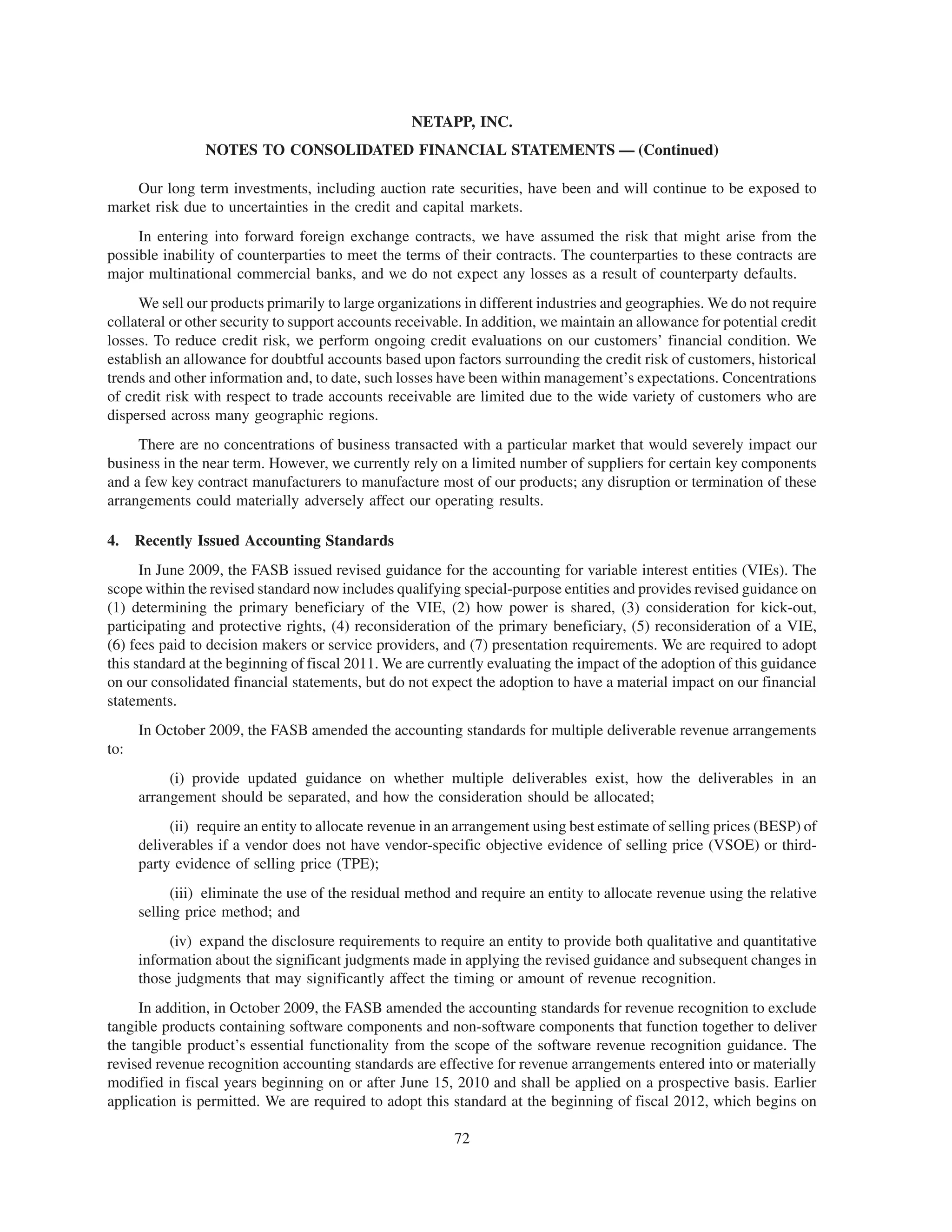 NETAPP, INC.
                 NOTES TO CONSOLIDATED FINANCIAL STATEMENTS — (Continued)

    Our long term investments, including auction rate securities, have been and will continue to be exposed to
market risk due to uncertainties in the credit and capital markets.
     In entering into forward foreign exchange contracts, we have assumed the risk that might arise from the
possible inability of counterparties to meet the terms of their contracts. The counterparties to these contracts are
major multinational commercial banks, and we do not expect any losses as a result of counterparty defaults.
     We sell our products primarily to large organizations in different industries and geographies. We do not require
collateral or other security to support accounts receivable. In addition, we maintain an allowance for potential credit
losses. To reduce credit risk, we perform ongoing credit evaluations on our customers’ financial condition. We
establish an allowance for doubtful accounts based upon factors surrounding the credit risk of customers, historical
trends and other information and, to date, such losses have been within management’s expectations. Concentrations
of credit risk with respect to trade accounts receivable are limited due to the wide variety of customers who are
dispersed across many geographic regions.
     There are no concentrations of business transacted with a particular market that would severely impact our
business in the near term. However, we currently rely on a limited number of suppliers for certain key components
and a few key contract manufacturers to manufacture most of our products; any disruption or termination of these
arrangements could materially adversely affect our operating results.

4.    Recently Issued Accounting Standards
      In June 2009, the FASB issued revised guidance for the accounting for variable interest entities (VIEs). The
scope within the revised standard now includes qualifying special-purpose entities and provides revised guidance on
(1) determining the primary beneficiary of the VIE, (2) how power is shared, (3) consideration for kick-out,
participating and protective rights, (4) reconsideration of the primary beneficiary, (5) reconsideration of a VIE,
(6) fees paid to decision makers or service providers, and (7) presentation requirements. We are required to adopt
this standard at the beginning of fiscal 2011. We are currently evaluating the impact of the adoption of this guidance
on our consolidated financial statements, but do not expect the adoption to have a material impact on our financial
statements.
      In October 2009, the FASB amended the accounting standards for multiple deliverable revenue arrangements
to:
           (i) provide updated guidance on whether multiple deliverables exist, how the deliverables in an
      arrangement should be separated, and how the consideration should be allocated;
           (ii) require an entity to allocate revenue in an arrangement using best estimate of selling prices (BESP) of
      deliverables if a vendor does not have vendor-specific objective evidence of selling price (VSOE) or third-
      party evidence of selling price (TPE);
            (iii) eliminate the use of the residual method and require an entity to allocate revenue using the relative
      selling price method; and
           (iv) expand the disclosure requirements to require an entity to provide both qualitative and quantitative
      information about the significant judgments made in applying the revised guidance and subsequent changes in
      those judgments that may significantly affect the timing or amount of revenue recognition.
     In addition, in October 2009, the FASB amended the accounting standards for revenue recognition to exclude
tangible products containing software components and non-software components that function together to deliver
the tangible product’s essential functionality from the scope of the software revenue recognition guidance. The
revised revenue recognition accounting standards are effective for revenue arrangements entered into or materially
modified in fiscal years beginning on or after June 15, 2010 and shall be applied on a prospective basis. Earlier
application is permitted. We are required to adopt this standard at the beginning of fiscal 2012, which begins on

                                                          72
 