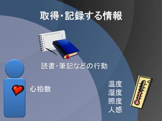 取得・記録する情報



 読書・筆記などの行動

              温度
心拍数           湿度
              照度
              人感
 