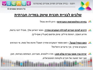 ‫חברתית‬ ‫במדיה‬ ‫שיווק‬ ‫תכנית‬ ‫לבניית‬ ‫שלבים‬
‫בחירת‬‫הפלטפורמות‬‫החברתיות‬-‫היכן‬‫להיות‬‫נוכח‬?
‫דרכים‬‫לצרוף‬‫חברים‬‫לקהילת‬‫העוקבים‬‫אחריך‬-‫שלך‬ ‫הארגון‬ ‫אנשי‬,‫ברשת‬ ‫דעה‬ ‫מובילי‬,
‫השקה‬ ‫אירוע‬,‫מיילים‬ ‫רשימת‬,‫ופרסום‬ ‫שיווק‬(‫און‬-‫ואוף‬ ‫ליין‬-‫ליין‬.)
‫האם‬‫הגודל‬‫קובע‬?-‫חשוב‬ ‫אחריך‬ ‫העוקבים‬ ‫מספר‬ ‫האם‬?‫כמות‬ ‫מול‬ ‫איכות‬,‫הגורמים‬ ‫מי‬
‫אחריך‬ ‫העוקבים‬,‫ויראליות‬ ‫מייצרים‬ ‫איך‬?
‫תוכן‬ ‫עולם‬ ‫ובניית‬ ‫מוסף‬ ‫ערך‬ ‫יצירת‬-‫רלוונטים‬ ‫תהיו‬,‫מעניינים‬,‫בשיחות‬ ‫השתתפו‬,‫תוכן‬
‫הפוטנציאלים‬ ‫ולקוחות‬ ‫חברים‬ ‫של‬ ‫תנועה‬ ‫ייצור‬ ‫טוב‬.
‫שמורות‬ ‫הזכויות‬ ‫כל‬©
 