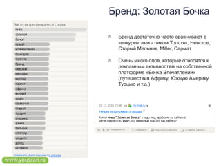 Бренд: Золотая БочкаБренд достаточно часто сравнивают с конкурентами - пивом Толстяк, Невское, Старый Мельник, Miller, СарматОчень много слов, которые относятся к рекламным активностям на собственной платформе «Бочка Впечатлений» (путешествия Африку, Южную Америку, Турцию и т.д.)