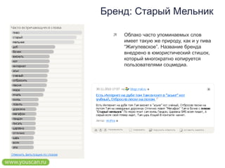 Бренд: Старый МельникОблако часто упоминаемых слов имеет такую же природу, как и у пива “Жигулевское”. Название бренда внедрено в юмористический стишок, который многократно копируется пользователями соцмедиа. 