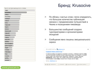 Бренд: KrusociveПо облаку «частых слов» легко определить, что большое количество публикаций связано с продвижением путешествий в Чехию и посещением пивзавода  Большинство сообщений создано туроператорами и организаторами экскурсийСообщения явно лишены эмоционального окраса
