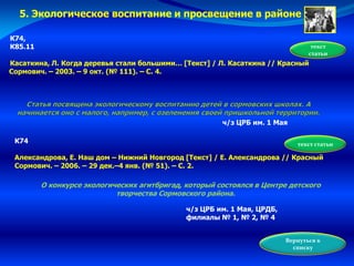 К74,
К85.11
Касаткина, Л. Когда деревья стали большими… [Текст] / Л. Касаткина // Красный
Сормович. – 2003. – 9 окт. (№ 111). – С. 4.
текст
статьи
ч/з ЦРБ им. 1 Мая
5. Экологическое воспитание и просвещение в районе
К74
Александрова, Е. Наш дом – Нижний Новгород [Текст] / Е. Александрова // Красный
Сормович. – 2006. – 29 дек.–4 янв. (№ 51). – С. 2.
О конкурсе экологических агитбригад, который состоялся в Центре детского
творчества Сормовского района.
текст статьи
ч/з ЦРБ им. 1 Мая, ЦРДБ,
филиалы № 1, № 2, № 4
Вернуться к
списку
 