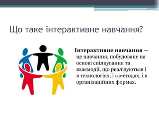 Що таке інтерактивне навчання?
Інтерактивне навчання —
це навчання, побудоване на
основі спілкування та
взаємодії, що реалізуються і
в технологіях, і в методах, і в
організаційних формах.
 