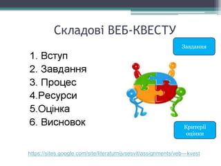 Складові ВЕБ-КВЕСТУ
https://sites.google.com/site/literaturnijvsesvit/assignments/veb---kvest
Завдання
Критерії
оцінки
 