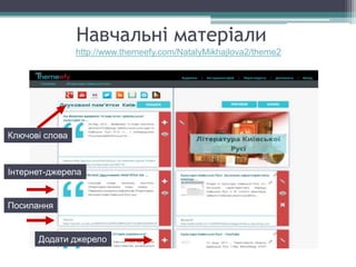 Навчальні матеріали
http://www.themeefy.com/NatalyMikhajlova2/theme2
Ключові слова
Інтернет-джерела
Посилання
Додати джерело
 