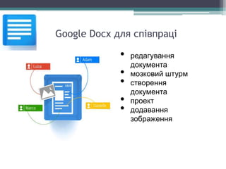 Google Docx для співпраці
• редагування
документа
• мозковий штурм
• створення
документа
• проект
• додавання
зображення
 
