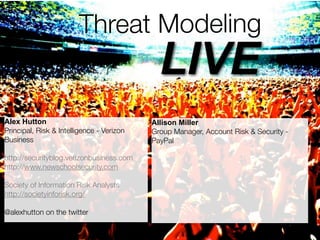 Threat Modeling 
Alex Hutton 
Principal, Risk & Intelligence - Verizon 
Business 
http://securityblog.verizonbusiness.com 
http://www.newschoolsecurity.com 
Society of Information Risk Analysts 
http://societyinforisk.org/ 
@alexhutton on the twitter 
LIVE 
Allison Miller 
Group Manager, Account Risk & Security - 
PayPal 
 