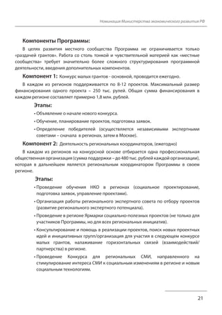 Номинация Министерства экономического развития РФ 
Компоненты Программы: 
В целях развития местного сообщества Программа не ограничивается только 
«раздачей грантов». Работа со столь тонкой и чувствительной материей как «местные 
сообщества» требует значительно более сложного структурирования программной 
деятельности, введения дополнительных компонентов. 
Компонент 1: Конкурс малых грантов - основной, проводится ежегодно. 
В каждом из регионов поддерживается по 8-12 проектов. Максимальный размер 
финансирования одного проекта – 250 тыс. рулей. Общая сумма финансирования в 
каждом регионе составляет примерно 1,8 млн. рублей. 
Этапы: 
• Объявление о начале нового конкурса. 
• Обучение, планирование проектов, подготовка заявок. 
• Определение победителей (осуществляется независимыми экспертными 
советами – сначала в регионах, затем в Москве). 
Компонент 2: Деятельность региональных координаторов, (ежегодно) 
В каждом из регионов на конкурсной основе отбирается одна профессиональная 
общественная организация (сумма поддержки – до 480 тыс. рублей каждой организации), 
которая в дальнейшем является региональным координатором Программы в своем 
регионе. 
Этапы: 
• Проведение обучения НКО в регионах (социальное проектирование, 
подготовка заявок, управление проектами). 
• Организация работы регионального экспертного совета по отбору проектов 
(развитие регионального экспертного потенциала). 
• Проведение в регионе Ярмарки социально-полезных проектов (не только для 
участников Программы, но для всех региональных инициатив). 
• Консультирование и помощь в реализации проектов, поиск новых проектных 
идей и инициативных групп/организация для участия в следующем конкурсе 
малых грантов, налаживание горизонтальных связей (взаимодействий/ 
партнерства) в регионе. 
• Проведение Конкурса для региональных СМИ, направленного на 
стимулирование интереса СМИ к социальным изменениям в регионе и новым 
социальным технологиям. 
21 
 