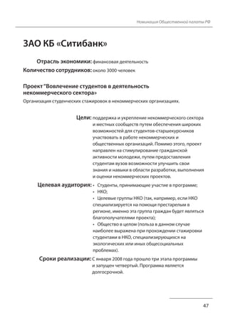 Номинация Общественной палаты РФ
47
ЗАО КБ «Ситибанк»
Отрасль экономики: финансовая деятельность
Количество сотрудников: около 3000 человек
Проект “Вовлечение студентов в деятельность
некоммерческого сектора»
Организация студенческих стажировок в некоммерческих организациях.
Цели: поддержка и укрепление некоммерческого сектора
и местных сообществ путем обеспечения широких
возможностей для студентов-старшекурсников
участвовать в работе некоммерческих и
общественных организаций. Помимо этого, проект
направлен на стимулирование гражданской
активности молодежи, путем предоставления
студентам вузов возможности улучшить свои
знания и навыки в области разработки, выполнения
и оценки некоммерческих проектов.
Целевая аудитория: • Студенты, принимающие участие в программе;
• НКО;
• Целевые группы НКО (так, например, если НКО
специализируется на помощи престарелым в
регионе, именно эта группа граждан будет являться
благополучателями проекта);
• Общество в целом (польза в данном случае
наиболее выражена при прохождении стажировки
студентами в НКО, специализирующихся на
экологических или иных общесоциальных
проблемах).
Сроки реализации: С января 2008 года прошло три этапа программы
и запущен четвертый. Программа является
долгосрочной.