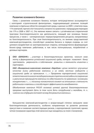 Лидеры корпоративной благотворительности
Развитие основного бизнеса
Связь с развитием основного бизнеса, которая непосредственно ассоциируется
с категорией «стратегической филантропии», подразумевающей усиление позиций
компании в отдельных областях конкурентной среды, в данных за 2009 г. отметили лишь
11% компаний, причем этот показатель снизился по сравнению с предыдущим периодом
(по 17% в 2008 и 2007 гг.). Это явление можно связать с устойчивостью стереотипной
трактовки благотворительности как деятельности, лежащей вне основных бизнес
процессов, а также с «антикризисным» перераспределением ресурсов, направляемых
на благотворительность. При этом благотворительность, по мнению представителей
компаний-респондентов, способствует развитию бизнеса в первую очередь за счет
целевого воздействия на заинтересованные стороны, непосредственно формирующие
бизнес-среду компании: работников, в том числе потенциальных, потребителей и
деловых партнеров.
ОАО «БИНБАНК»: …участвуя в благотворительных проектах, «вносит свою
лепту в формирование устойчивой социальной среды, которая позволяет банку
чувствовать уверенность в собственном развитии и лояльности клиентов и
партнеров».
ОАО «Минерально-химическая компания «ЕвроХим»: целью является «улучшение
качества жизни работников компании и их семей, местных сообществ и
социальной среды их проживания. <…> Программы корпоративной социальной
ответственности вносят вклад в реализацию стратегической задачи по сохранению
и увеличению преимуществ компании по себестоимости по сравнению с основными
конкурентами <…>, поскольку положительно влияют на отношение и лояльность
работников к компании и способствуют эффективности менеджмента».
Объединенная компания РУСАЛ: основной целевой группой благотворительных
программ выступают дети (в том числе дети сотрудников) и молодежь, т. к.
«именно они в будущем составят основу для развития компании».
* * *
Большинство компаний-респондентов в возрастающей степени связывали свою
благотворительную деятельность, особенно направленную на развитие регионов
присутствия и снижение соответствующих рисков, с корпоративной стратегией, однако
четкое понимание характера этой связи все еще находилось на этапе становления.
70