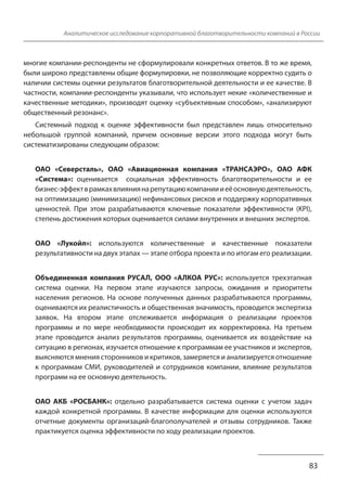Аналитическое исследование корпоративной благотворительности компаний в России
многие компании-респонденты не сформулировали конкретных ответов. В то же время,
были широко представлены общие формулировки, не позволяющие корректно судить о
наличии системы оценки результатов благотворительной деятельности и ее качестве. В
частности, компании-респонденты указывали, что использует некие «количественные и
качественные методики», производят оценку «субъективным способом», «анализируют
общественный резонанс».
Системный подход к оценке эффективности был представлен лишь относительно
небольшой группой компаний, причем основные версии этого подхода могут быть
систематизированы следующим образом:
ОАО «Северсталь», ОАО «Авиационная компания «ТРАНСАЭРО», ОАО АФК
«Система»: оценивается социальная эффективность благотворительности и ее
бизнес-эффект в рамках влияния на репутацию компании и её основную деятельность,
на оптимизацию (минимизацию) нефинансовых рисков и поддержку корпоративных
ценностей. При этом разрабатываются ключевые показатели эффективности (KPI),
степень достижения которых оценивается силами внутренних и внешних экспертов.
ОАО «Лукойл»: используются количественные и качественные показатели
результативности на двух этапах — этапе отбора проекта и по итогам его реализации.
Объединенная компания РУСАЛ, ООО «АЛКОА РУС»: используется трехэтапная
система оценки. На первом этапе изучаются запросы, ожидания и приоритеты
населения регионов. На основе полученных данных разрабатываются программы,
оцениваются их реалистичность и общественная значимость, проводится экспертиза
заявок. На втором этапе отслеживается информация о реализации проектов
программы и по мере необходимости происходит их корректировка. На третьем
этапе проводится анализ результатов программы, оценивается их воздействие на
ситуацию в регионах, изучается отношение к программам ее участников и экспертов,
выясняются мнения сторонников и критиков, замеряется и анализируется отношение
к программам СМИ, руководителей и сотрудников компании, влияние результатов
программ на ее основную деятельность.
ОАО АКБ «РОСБАНК»: отдельно разрабатывается система оценки с учетом задач
каждой конкретной программы. В качестве информации для оценки используются
отчетные документы организаций-благополучателей и отзывы сотрудников. Также
практикуется оценка эффективности по ходу реализации проектов.
83