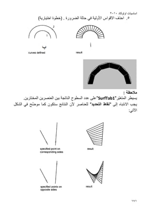 ‫اوتوكاد‬ ‫اساسٌات‬2202
070
5.‫األ‬ ‫االقواس‬ ‫احذؾ‬‫ول‬‫(خطوة‬ . ‫الضرورة‬ ‫حالة‬ ً‫ف‬ ‫ٌة‬‫اختٌار‬)‫ٌة‬
: ‫مالحظة‬
‫المت‬ ‫ٌسٌطر‬‫ّر‬ٌ‫ؽ‬"SurfTab1".‫المختارٌن‬ ‫العنصرٌن‬ ‫بٌن‬ ‫الناتجة‬ ‫السطوح‬ ‫عدد‬ ‫على‬
‫ٌجب‬‫اال‬‫نتباه‬‫إلى‬"‫نقاط‬‫التحدٌد‬"‫للعناصر‬‫ألن‬‫النتائ‬‫كما‬ ‫ستكون‬ ‫ج‬‫ح‬َّ‫موض‬‫الشكل‬ ً‫ف‬
‫اآل‬:ً‫ت‬
 
