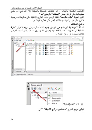 ‫االول‬ ‫الفصل‬–‫عامة‬ ‫ومفاهٌم‬ ‫البرنامج‬ ‫تشؽٌل‬
32
‫وال‬ ‫المجمدة‬ ‫الشفائؾ‬ ‫اما‬ , ‫والمذابة‬ ‫المشتؽلة‬ ‫الشفائؾ‬‫طفؤة‬‫م‬‫فان‬‫ٌطبع‬ ‫لن‬ ‫البرنامج‬
‫حتى‬ ‫محتوٌاتها‬‫خٌار‬ ‫كان‬ ‫لو‬"‫الطباعة‬"‫بالوضع‬"on".
‫تظهر‬‫أهمٌة‬"‫إطفاء‬‫طباعة‬"‫مرجعٌة‬ ‫معلومات‬ ‫على‬ ‫الشفٌفة‬ ‫تحتوي‬ ‫عندما‬ ‫الرسم‬ ‫شفٌفة‬
‫ال‬‫مفٌدة‬ ‫ولكنها‬ ‫طباعتها‬ ‫نرٌد‬‫أثناء‬‫خطوط‬ ‫مثل‬ ‫العمل‬‫اإلنشاء‬.
‫الشفائؾ‬ ‫مرشح‬
‫اال‬ ‫الحالة‬‫فتراض‬‫ٌة‬‫ع‬ ً‫ه‬ ‫للبرنامج‬ً‫ف‬ ‫الرسم‬ ‫شفائؾ‬ ‫جمٌع‬ ‫رض‬‫مربع‬‫ال‬‫حوار‬"‫إدارة‬
‫الشفائؾ‬"‫الضرو‬ ‫من‬ ‫ٌصبح‬ ‫الشفائؾ‬ ‫عدد‬ ‫زٌادة‬ ‫مع‬ .‫ر‬‫ي‬‫استخدام‬‫لع‬ ‫المرشحات‬‫رض‬
ً‫ف‬ ‫مختارة‬ ‫شفائؾ‬‫مربع‬.‫الحوار‬
‫انقر‬‫الزر‬"‫سجدٌد‬ ‫مرشح‬"
‫الحوار‬ ‫مربع‬ ‫فٌظهر‬"‫الشفٌفة‬ ‫مرشح‬ ‫خصائص‬"‫اآل‬:ً‫ت‬
 