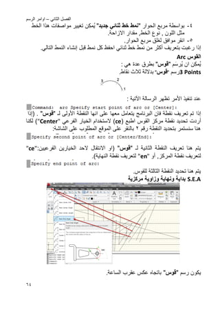 ً‫الثان‬ ‫الفصل‬–‫الرسم‬ ‫اوامر‬
64
4-‫الحوار‬ ‫مربع‬ ‫بواسطة‬"‫سجدٌد‬ ً‫ثنائ‬ ‫خط‬ ‫نمط‬"‫ن‬‫مك‬ٌ‫ت‬‫ؽ‬ٌ‫مواصفات‬ ‫ٌر‬‫الخط‬ ‫هذا‬
.‫االزاحة‬ ‫مقدار‬ ,‫الخط‬ ‫نوع‬ , ‫اللون‬ ‫مثل‬
5-‫انقر‬‫موافق‬.‫الحوار‬ ‫مربع‬ ‫لؽلق‬
‫إذا‬‫بتعرٌؾ‬ ‫رؼبت‬‫أكثر‬‫نم‬ ‫كل‬ ‫احفظ‬ ً‫ثنائ‬ ‫خط‬ ‫نمط‬ ‫من‬‫ط‬‫قبل‬‫إنشاء‬.ً‫التال‬ ‫النمط‬
‫القوس‬Arc
‫ن‬‫مك‬ٌٌ ‫ان‬‫رس‬‫م‬"‫قوس‬": ً‫ه‬ ‫عدة‬ ‫بطرق‬
3 Points‫رسم‬"‫قوس‬".‫نقاط‬ ‫ثالث‬ ‫بداللة‬
‫األ‬ ‫تنفٌذ‬ ‫عند‬‫مر‬‫الرسالة‬ ‫تظهر‬‫اآلتٌة‬:
‫إذا‬‫األ‬ ‫النقطة‬ ‫انها‬ ‫على‬ ‫معها‬ ‫ٌتعامل‬ ‫البرنامج‬ ‫فان‬ ‫نقطة‬ ‫تعرٌؾ‬ ‫تم‬‫ول‬‫ى‬‫لـ‬"‫قوس‬".(‫إذا‬
‫أردت‬‫القوس‬ ‫مركز‬ ‫نقطة‬ ‫تحدٌد‬‫اطبع‬(ce‫ال‬ )‫ستخدام‬‫ال‬ً‫الفرع‬ ‫خٌار‬"Center"‫لكنا‬ )
‫رقم‬ ‫النقطة‬ ‫بتحدٌد‬ ‫سنستمر‬ ‫هنا‬2:‫الشاشة‬ ‫على‬ ‫المطلوب‬ ‫الموقع‬ ‫على‬ ‫بالنقر‬
‫الثانٌة‬ ‫النقطة‬ ‫تعرٌؾ‬ ‫هنا‬ ‫ٌتم‬‫لـ‬"‫قوس‬"‫(او‬‫االنتقال‬‫الفرعٌٌن‬ ‫الخٌارٌن‬ ‫الحد‬:"ce"
‫المركز‬ ‫نقطة‬ ‫لتعرٌؾ‬,‫أو‬"en".)‫النهاٌة‬ ‫نقطة‬ ‫لتعرٌؾ‬
‫الثالث‬ ‫النقطة‬ ‫تحدٌد‬ ‫هنا‬ ‫ٌتم‬.‫للقوس‬ ‫ة‬
S.E.A‫مركزٌة‬ ‫وزاوٌة‬ ‫ونهاٌة‬ ‫بداٌة‬
‫رسم‬ ‫ٌكون‬"‫قوس‬".‫الساعة‬ ‫عقرب‬ ‫عكس‬ ‫باتجاه‬
 
